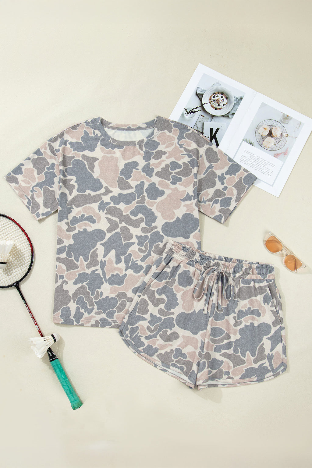 Camouflage Loose Tee & Drawstring Shorts Set