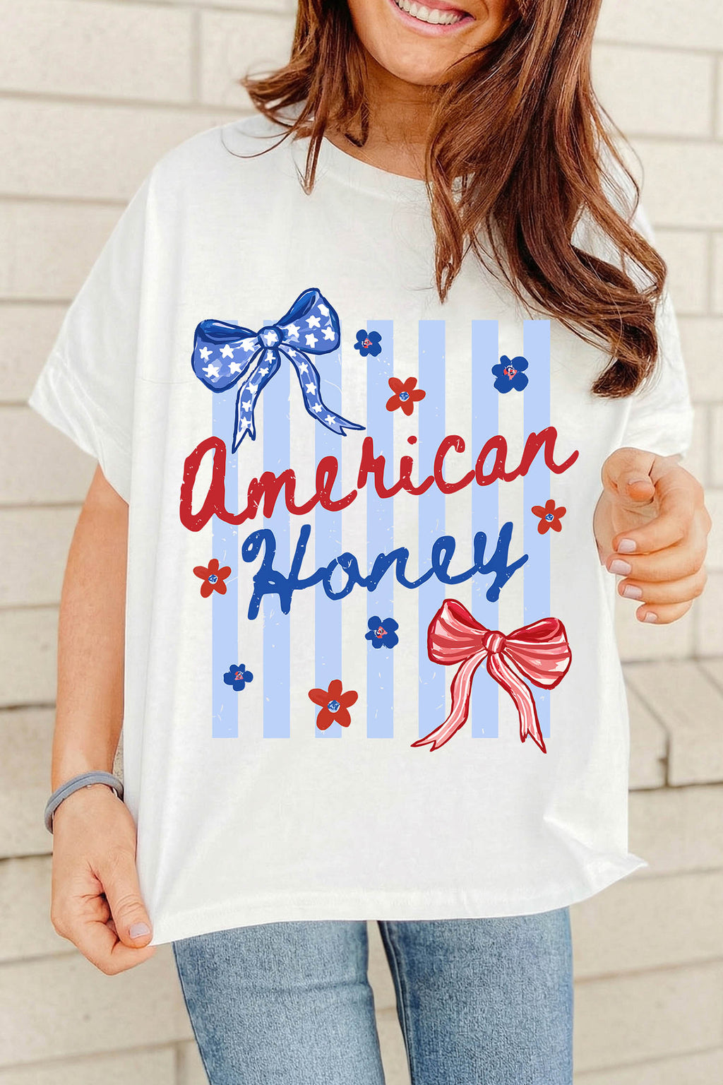 American Honey Bow Striped Graphic Tee - White