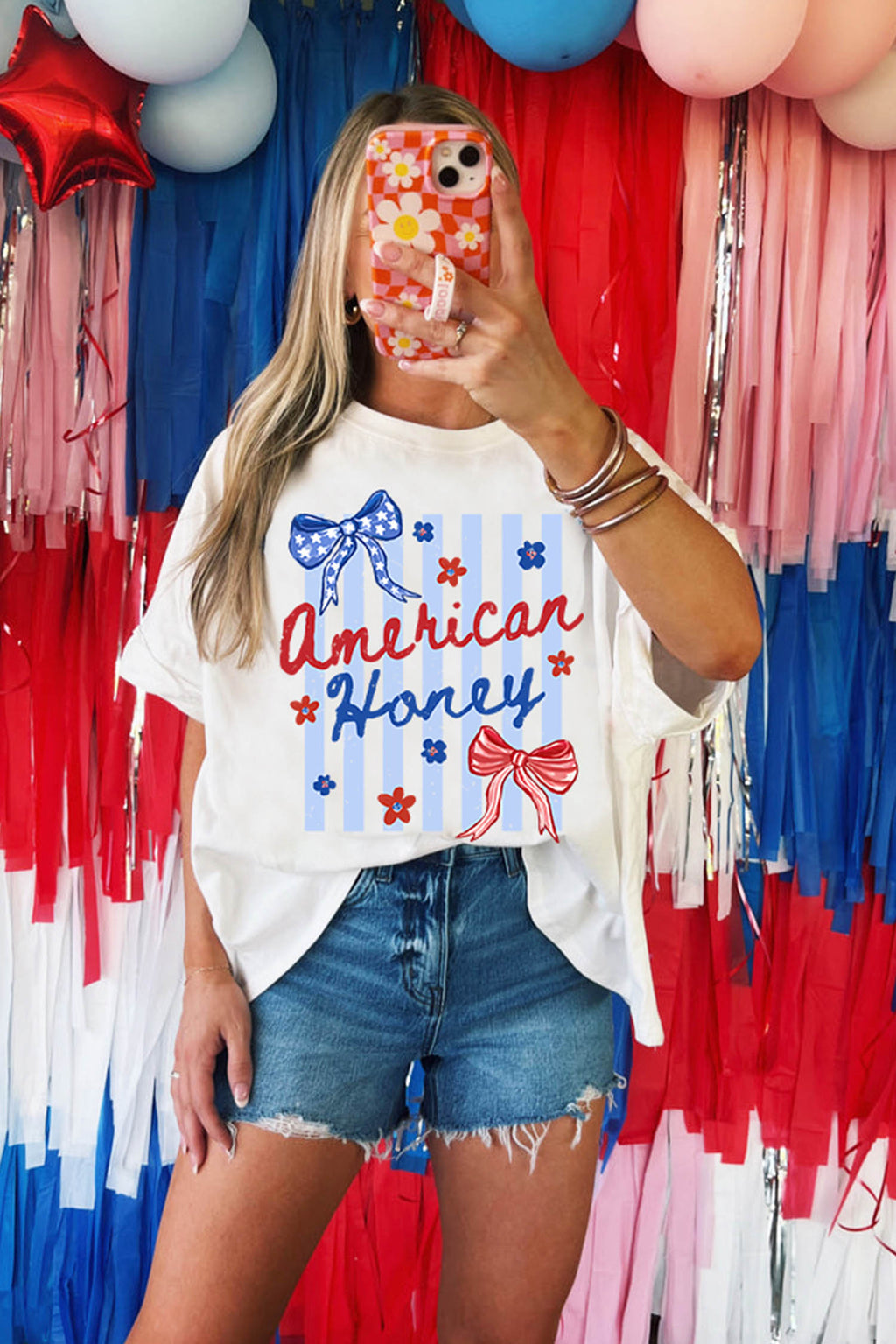 American Honey Bow Striped Graphic Tee - White